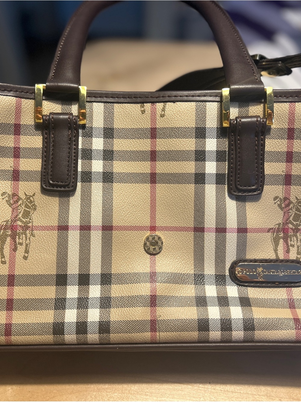 Check Pattern Satchel Handbag in Beige with Dark Brown Trim